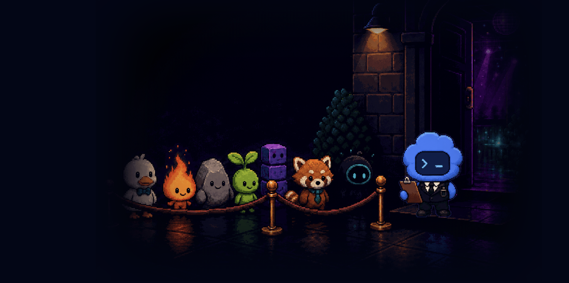 An original pixel-art opportunity crew waiting outside a glowing nighttime studio